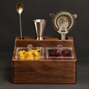 Bar Caddy with Garnish Tray, Walnut, shown on a plain studio background