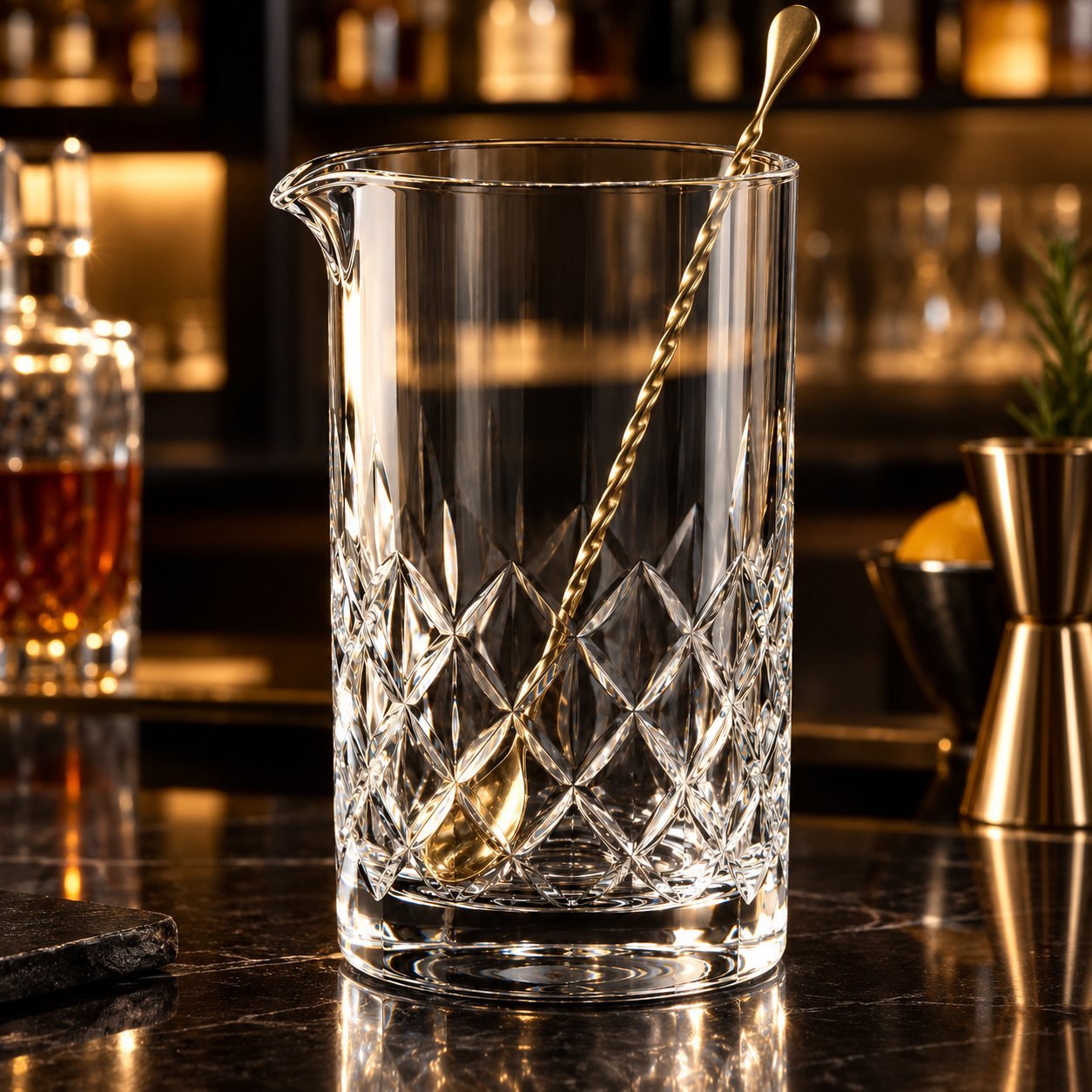 Cut Crystal Mixing Glass with Spout, 750 ml, shown in use on a bar counter