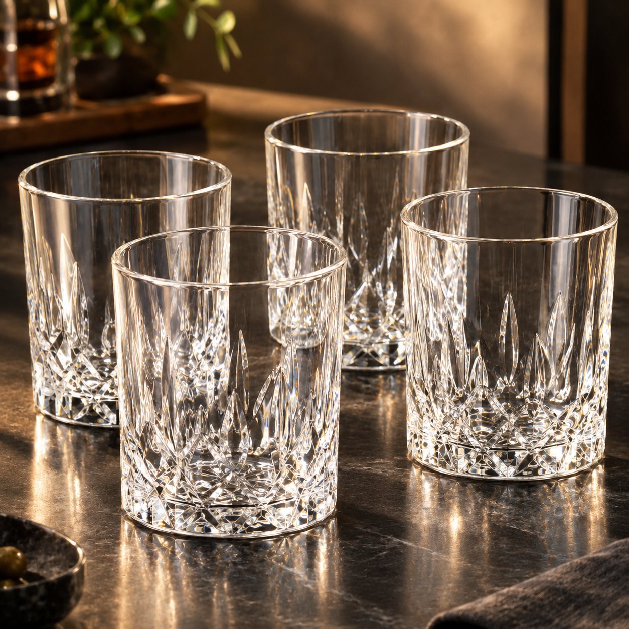 Faceted Rocks Glasses, 250 ml, Set of Four, shown in use on a bar counter